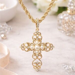 ✨ Gold Cross Pendant Necklace with Pearl & Crystal Detail